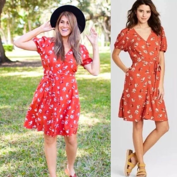 Universal Thread Dresses & Skirts - NEW Universal Threads Orange Floral Button Front Puff Sleeve Dress XXL